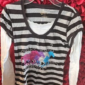 Copper Key Girls Striped Layered Shirt with Horse Glitter Design Size 14